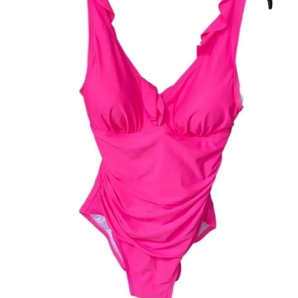 DKNY Ruffle Plunge Underwire Tummy Control One-Piece Swimsuit swim neon Pink